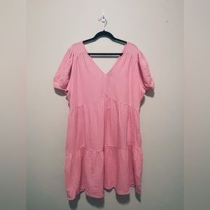 Gap pink crinkle gauze puff sleeve tiered mini dress